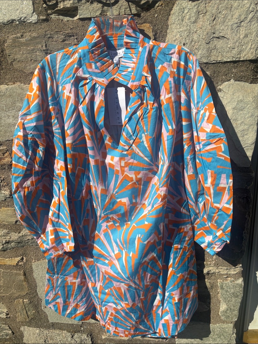 Raiment Cotton Blue & Orange Dress, Pleats, Pockets